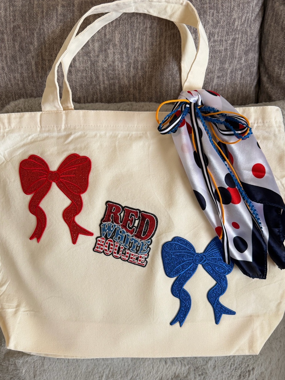 Large “4th of July” Tote Bag with Ribbon & Silk Scarf Accent and Zipper Closure